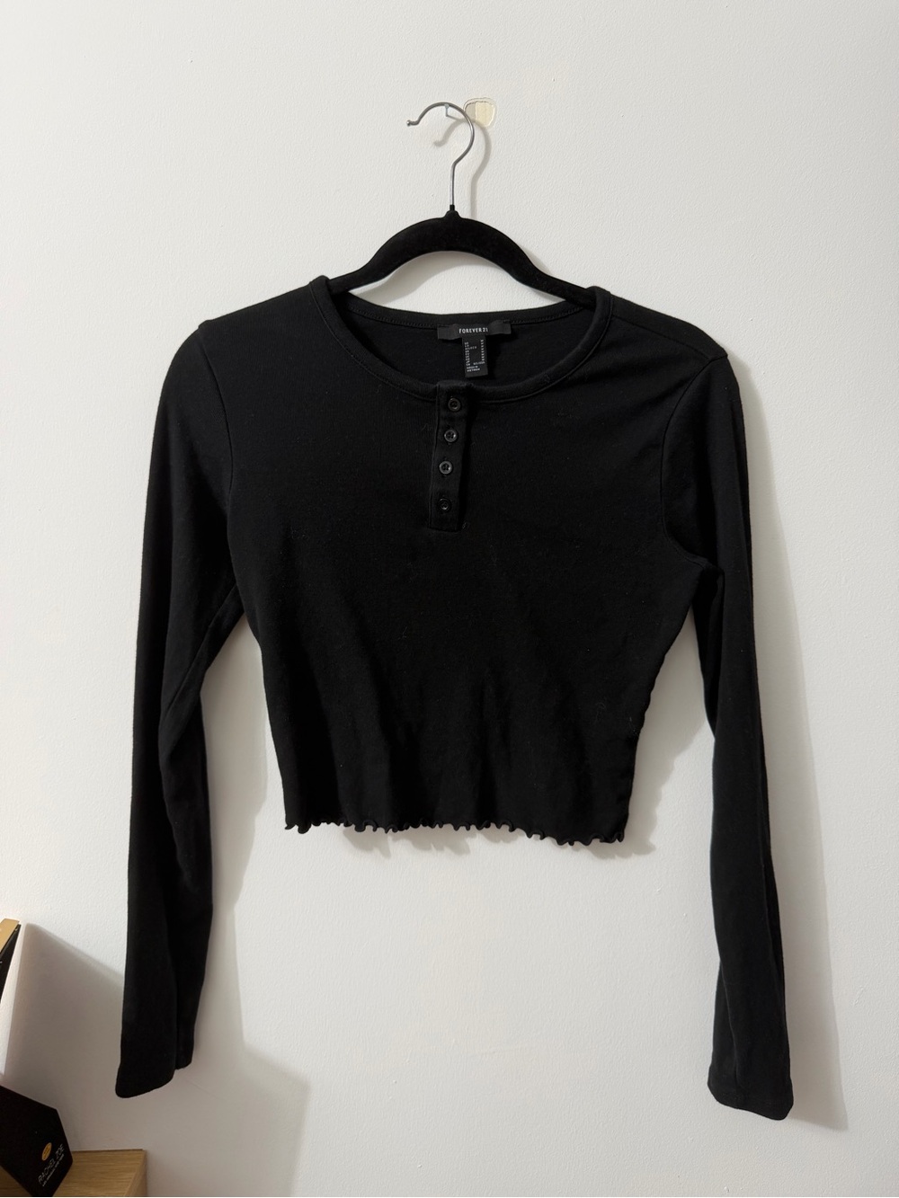 Forever 21 Black Long-Sleeve Henley Crop Top with Lettuce Hem